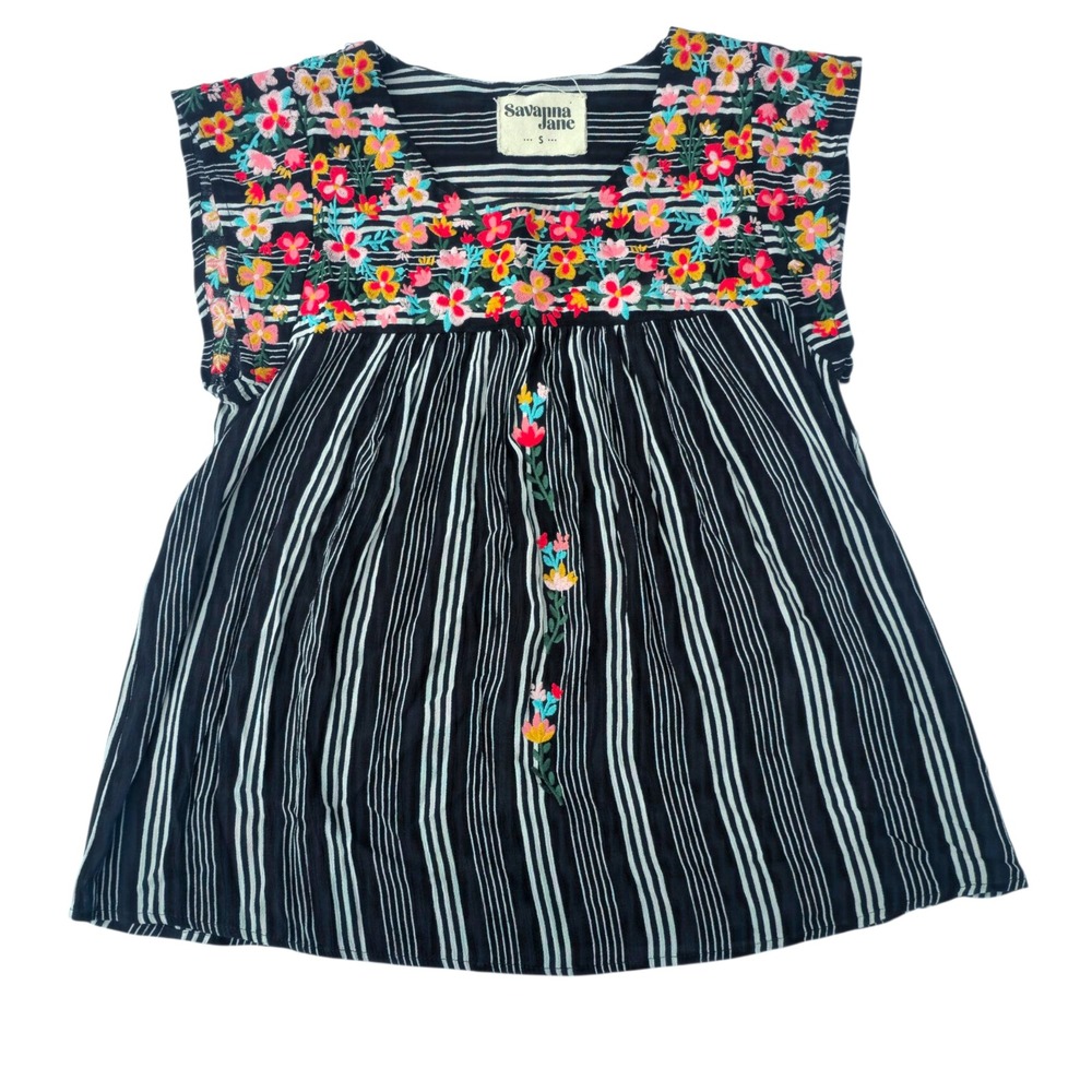 Savanna Jane‎ Embroidered Floral Top Striped Sleeveless Blouse Size S